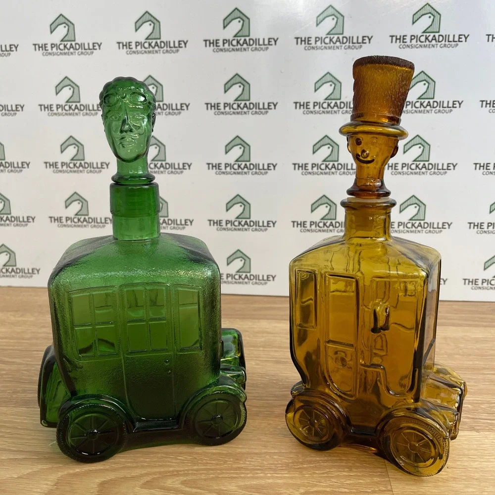 Vintage Glass Decanter Set Green Amber Carriage Car Driver Top Hat Taiwan 2pc